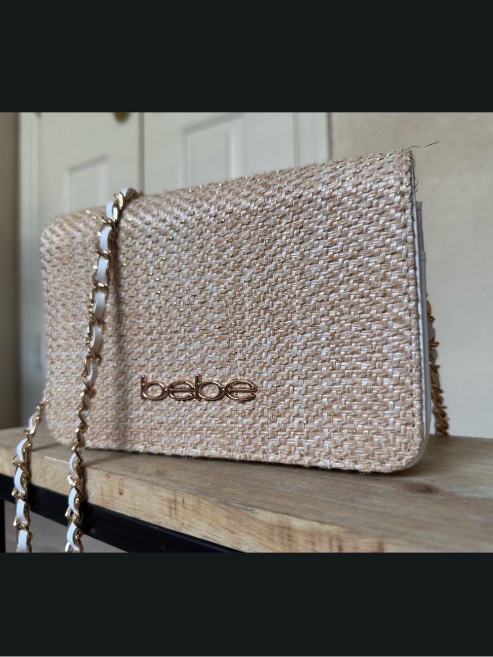 bebe Woven raffia Crossbody Bag in natural & White NWOT